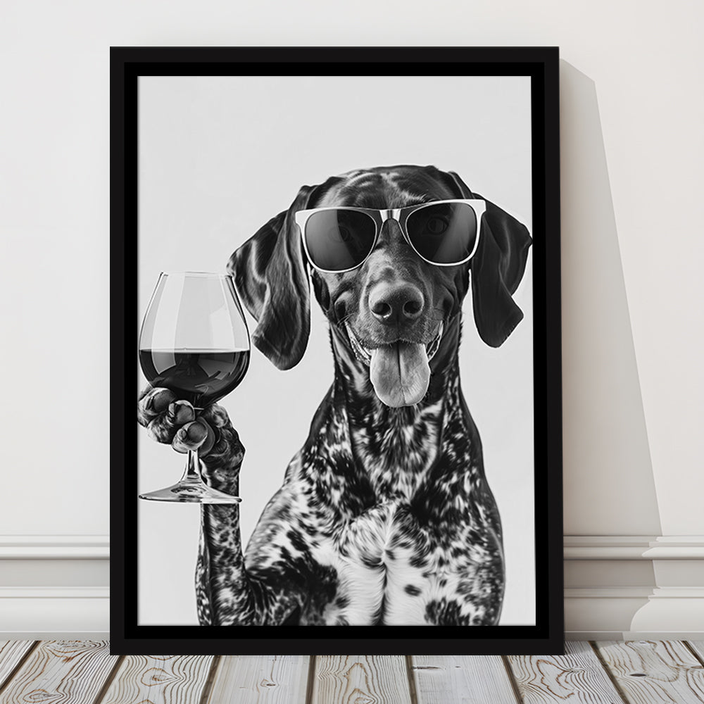 German Shorthaired Pointer Holding Wine Framed Canvas Print Wall Art, Black and White, GSP Gift, Kitchen Wall Decor