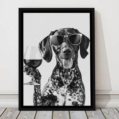 German Shorthaired Pointer Holding Wine Framed Canvas Print Wall Art, Black and White, GSP Gift, Kitchen Wall Decor