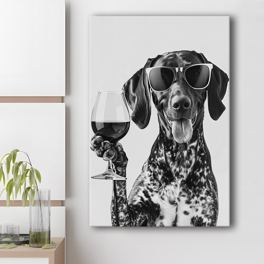 German Shorthaired Pointer Holding Wine Canvas Print Wall Art, Black and White, GSP Gift,, Kitchen Wall Decor