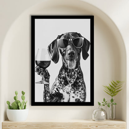 German Shorthaired Pointer Holding Wine Framed Art Print Wall Decor, Black and White, GSP Gift, Kitchen Wall Decor