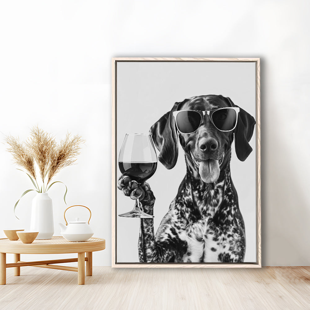 German Shorthaired Pointer Holding Wine Framed Canvas Print Wall Art, Black and White, GSP Gift, Kitchen Wall Decor