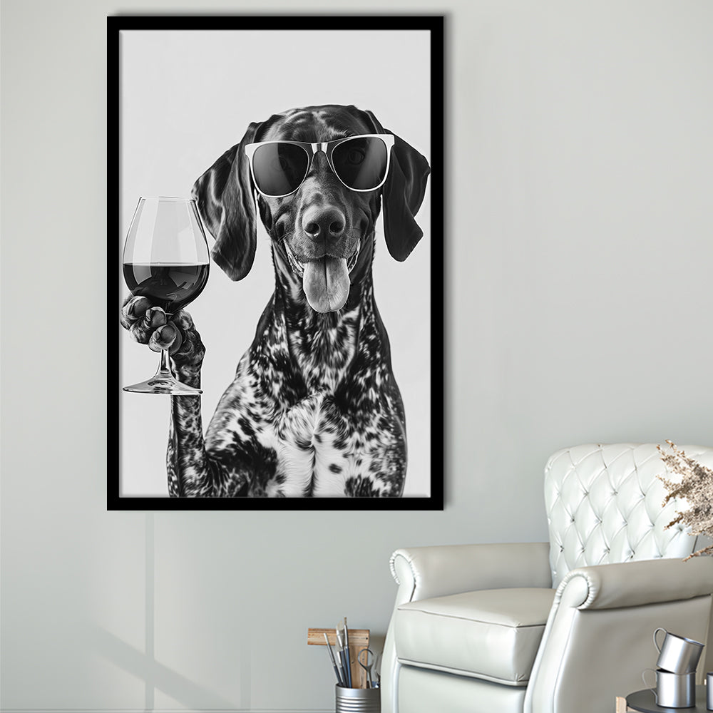 German Shorthaired Pointer Holding Wine Framed Art Print Wall Decor, Black and White, GSP Gift, Kitchen Wall Decor