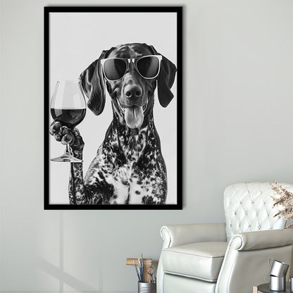 German Shorthaired Pointer Holding Wine Framed Art Print Wall Decor, Black and White, GSP Gift, Kitchen Wall Decor