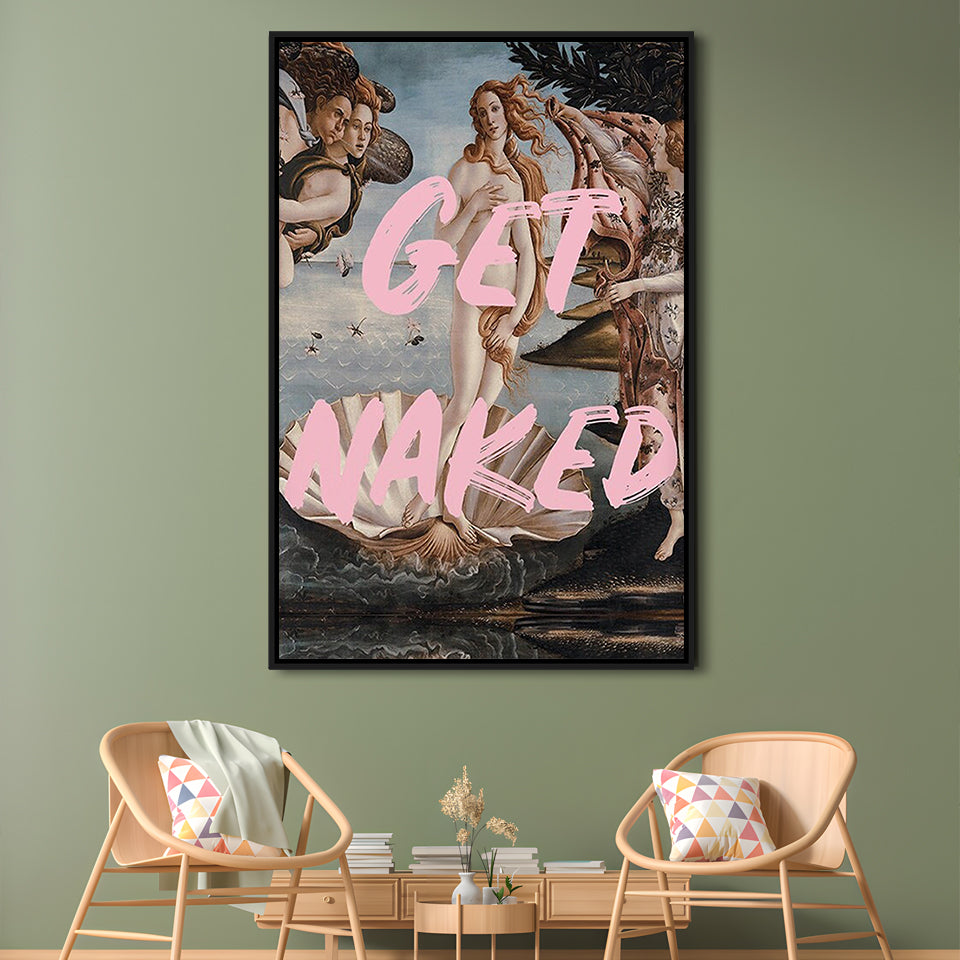 Get Naked Bathroom, Venus Wall Print, Get Naked Print, Quote Print, Altered Art Print, Framed Canvas Prints Wall Art