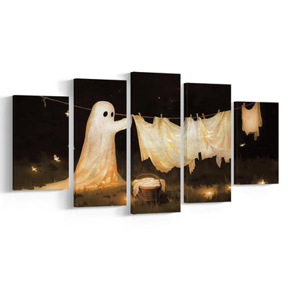 Ghost Print Ghost Hanging Laundry Moody Vintage Fun Halloween Art, 5 Panel Mixed Canvas Print Wall Art, Large Canvas