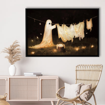Ghost Print Ghost Hanging Laundry Moody Vintage Fun Halloween Art, Framed Canvas Print Wall Art, Floating Frame