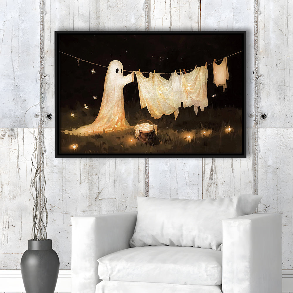 Ghost Print Ghost Hanging Laundry Moody Vintage Fun Halloween Art, Framed Canvas Print Wall Art, Floating Frame