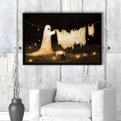 Ghost Print Ghost Hanging Laundry Moody Vintage Fun Halloween Art, Framed Canvas Print Wall Art, Floating Frame