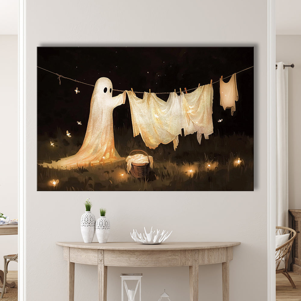 Ghost Print Ghost Hanging Laundry Moody Vintage Fun Halloween Art, Canvas Print Wall Art, Wall Decor, Painting Canvas