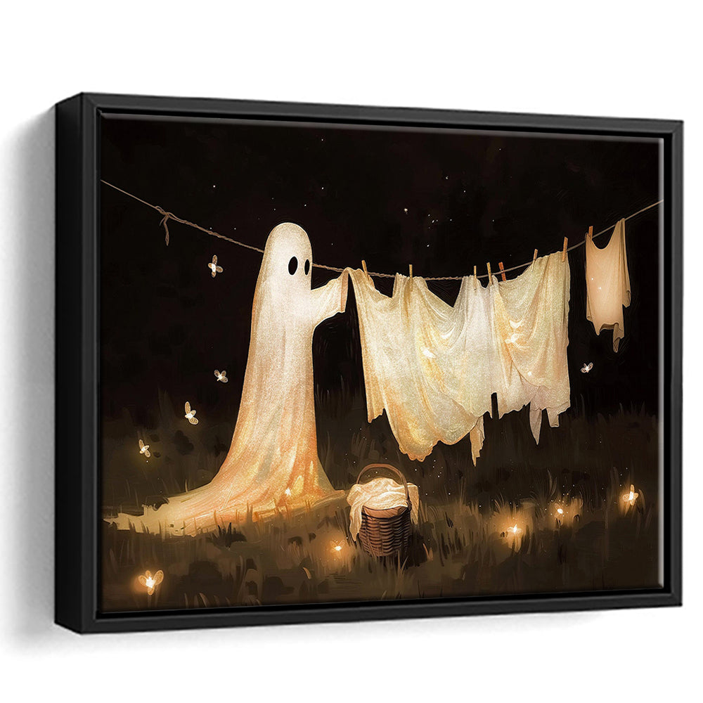 Ghost Print Ghost Hanging Laundry Moody Vintage Fun Halloween Art, Framed Canvas Print Wall Art, Floating Frame