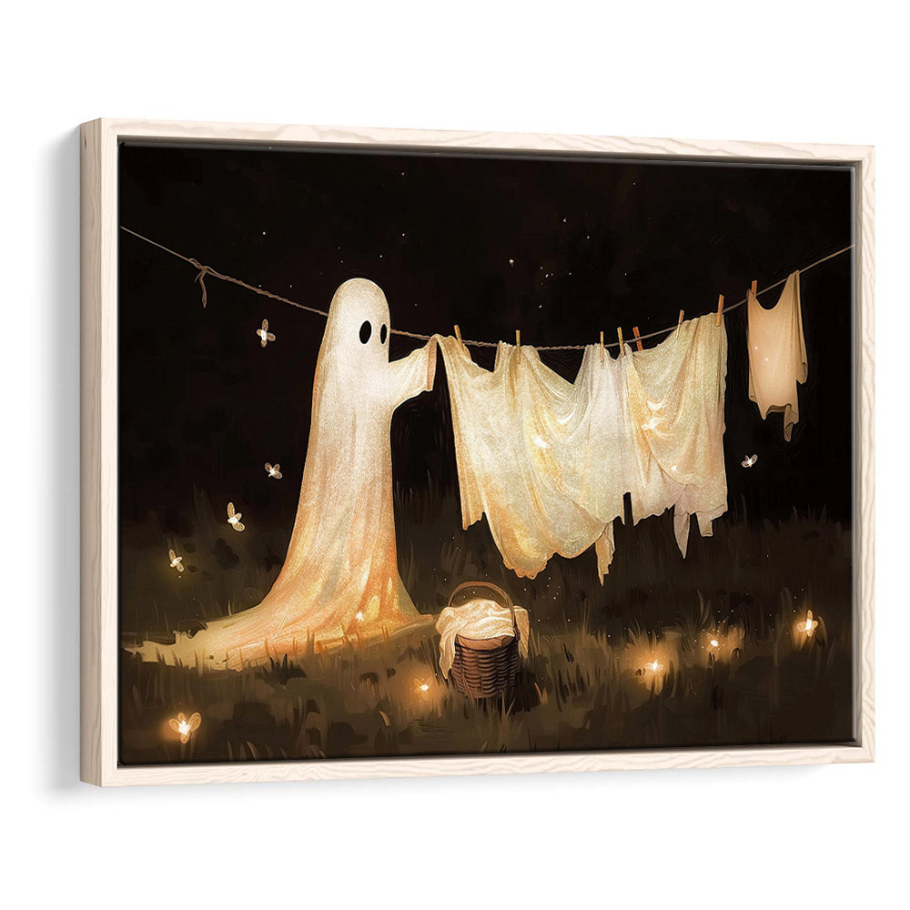 Ghost Print Ghost Hanging Laundry Moody Vintage Fun Halloween Art, Framed Canvas Print Wall Art, Floating Frame