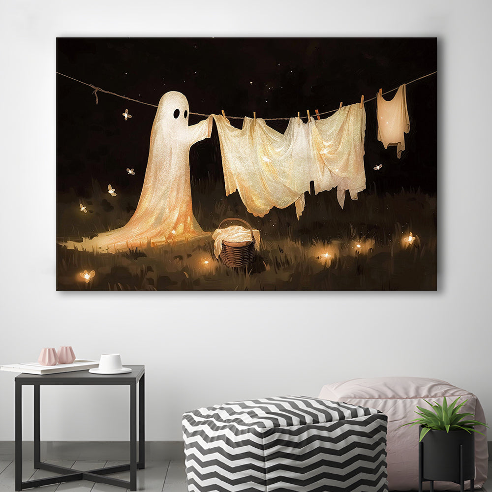 Ghost Print Ghost Hanging Laundry Moody Vintage Fun Halloween Art, Canvas Print Wall Art, Wall Decor, Painting Canvas