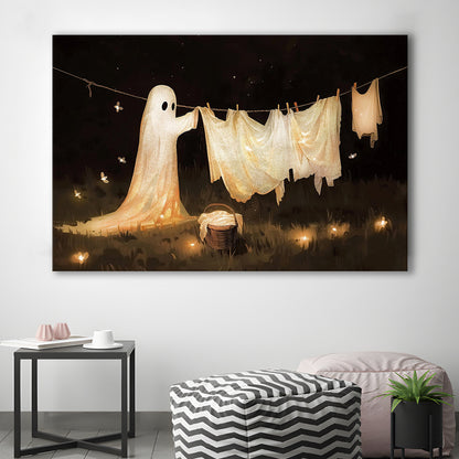 Ghost Print Ghost Hanging Laundry Moody Vintage Fun Halloween Art, Canvas Print Wall Art, Wall Decor, Painting Canvas