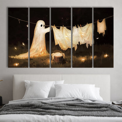 Ghost Print Ghost Hanging Laundry Moody Vintage Fun Halloween Art, 5 Panel B Canvas Print Wall Art, Extra Large Canvas