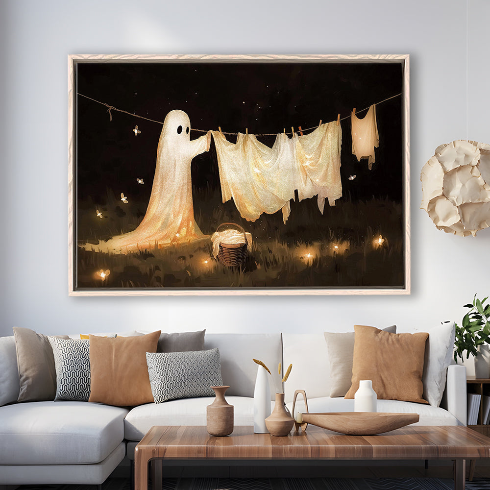 Ghost Print Ghost Hanging Laundry Moody Vintage Fun Halloween Art, Framed Canvas Print Wall Art, Floating Frame
