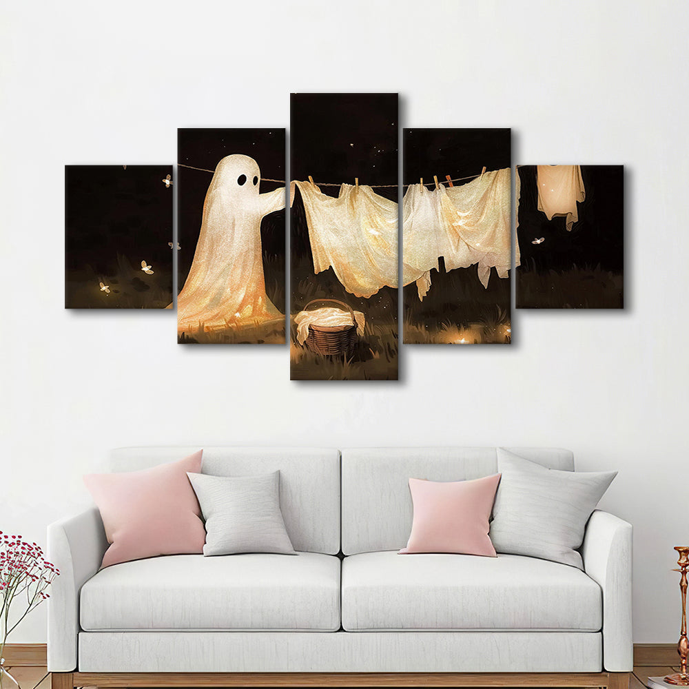 Ghost Print Ghost Hanging Laundry Moody Vintage Fun Halloween Art, 5 Panel Mixed Canvas Print Wall Art, Large Canvas