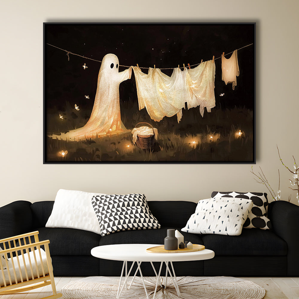 Ghost Print Ghost Hanging Laundry Moody Vintage Fun Halloween Art, Framed Canvas Print Wall Art, Floating Frame