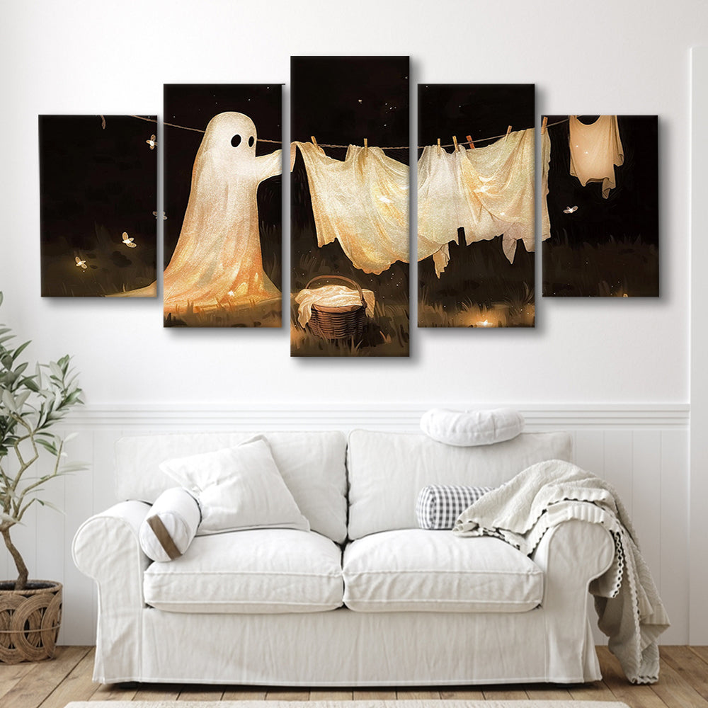 Ghost Print Ghost Hanging Laundry Moody Vintage Fun Halloween Art, 5 Panel Mixed Canvas Print Wall Art, Large Canvas