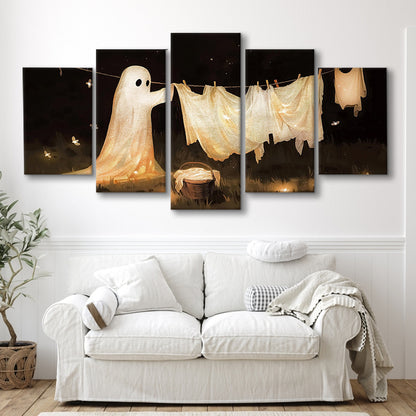 Ghost Print Ghost Hanging Laundry Moody Vintage Fun Halloween Art, 5 Panel Mixed Canvas Print Wall Art, Large Canvas