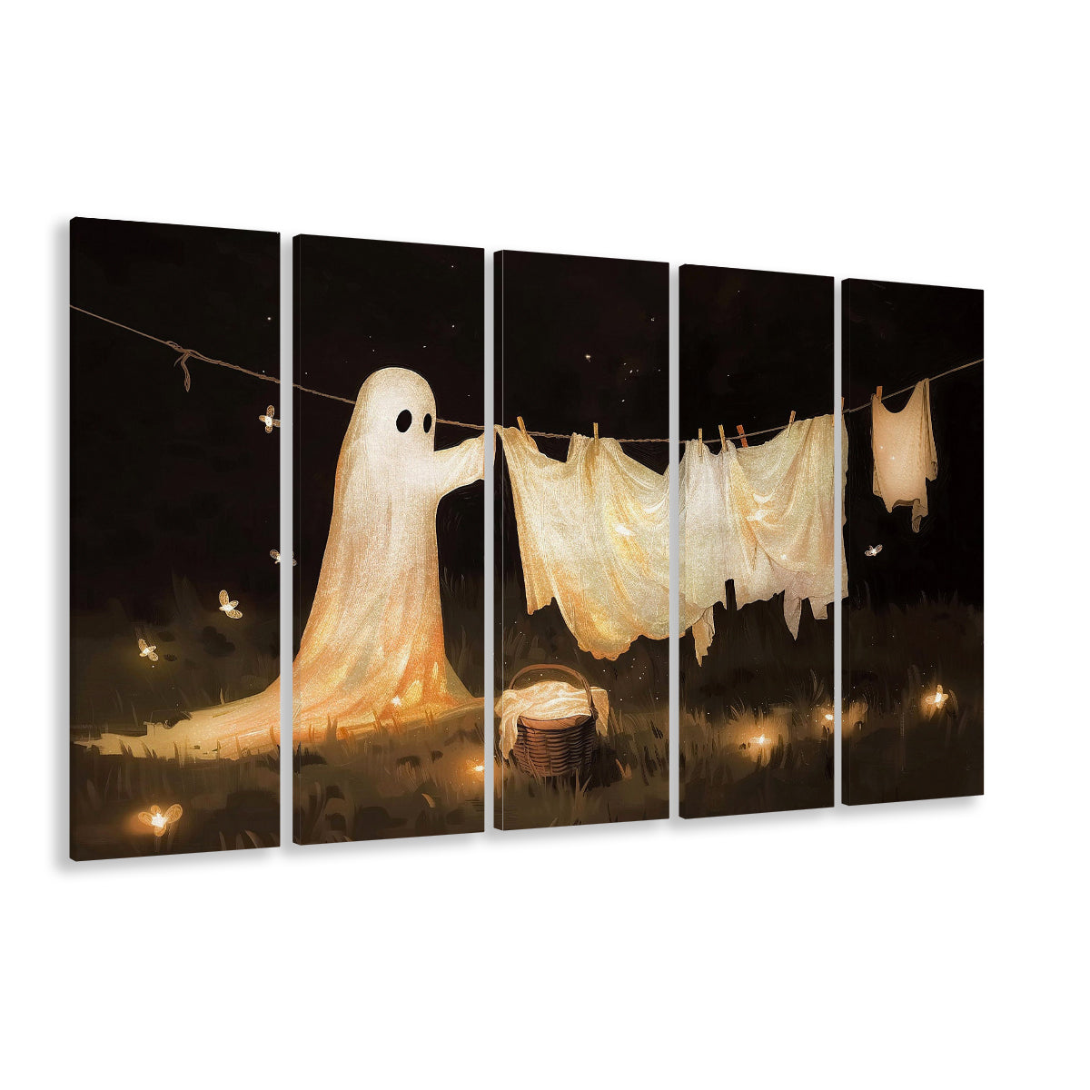 Ghost Print Ghost Hanging Laundry Moody Vintage Fun Halloween Art, 5 Panel B Canvas Print Wall Art, Extra Large Canvas