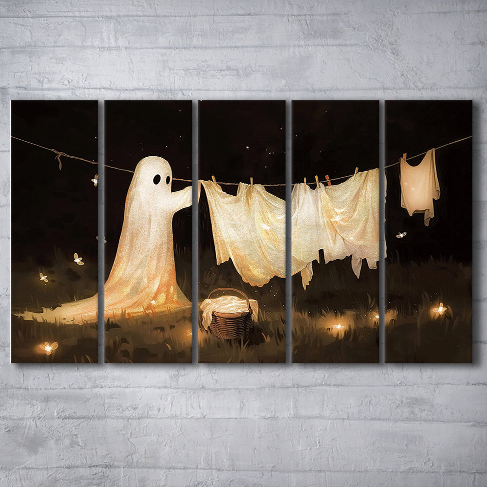 Ghost Print Ghost Hanging Laundry Moody Vintage Fun Halloween Art, 5 Panel B Canvas Print Wall Art, Extra Large Canvas