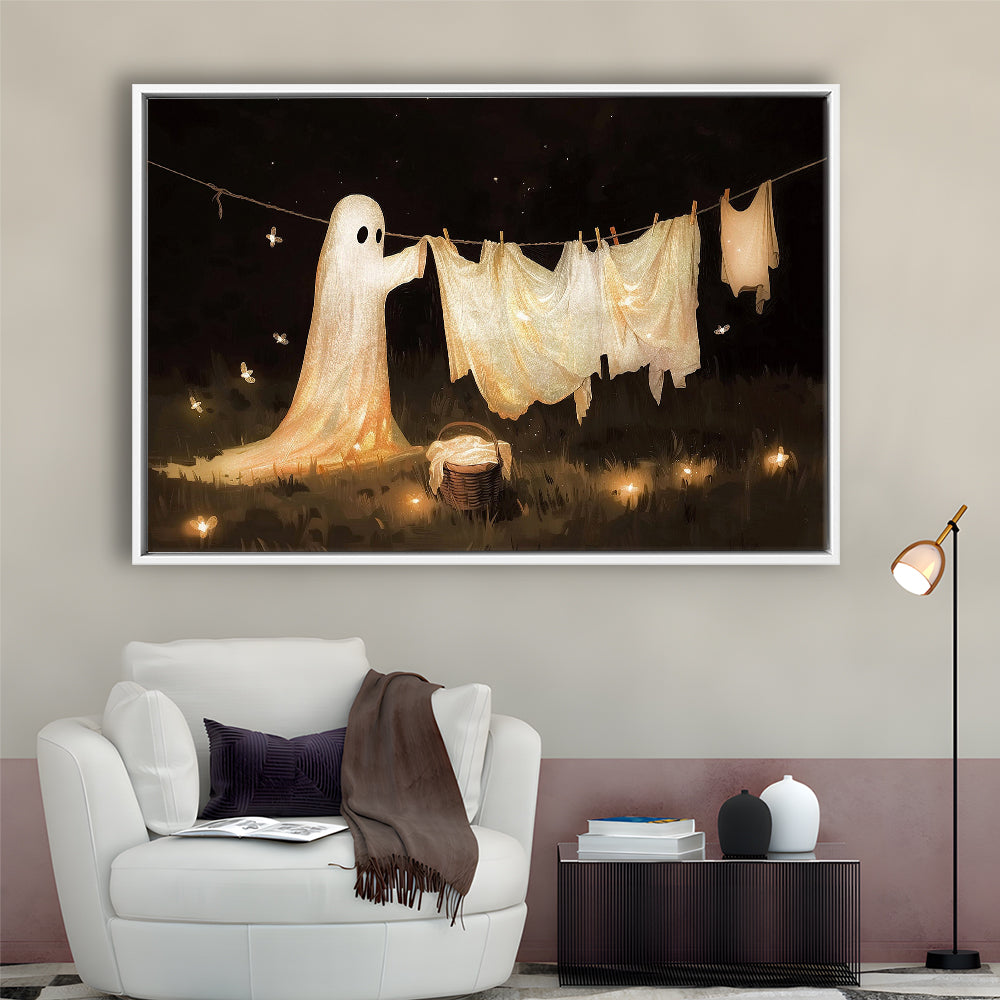 Ghost Print Ghost Hanging Laundry Moody Vintage Fun Halloween Art, Framed Canvas Print Wall Art, Floating Frame