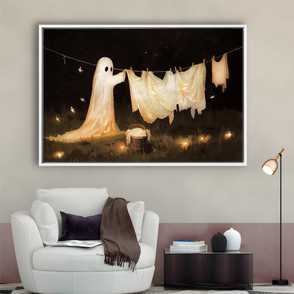 Ghost Print Ghost Hanging Laundry Moody Vintage Fun Halloween Art, Framed Canvas Print Wall Art, Floating Frame