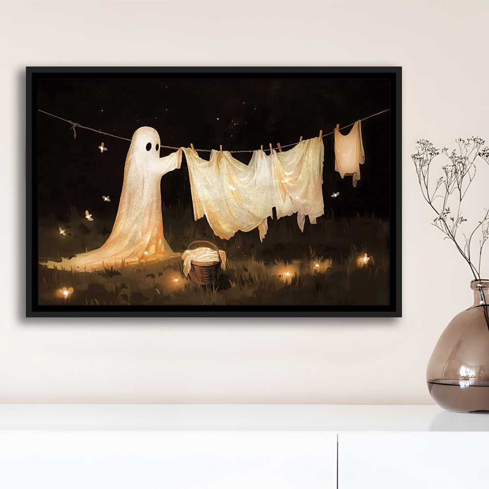 Ghost Print Ghost Hanging Laundry Moody Vintage Fun Halloween Art, Framed Canvas Print Wall Art, Floating Frame