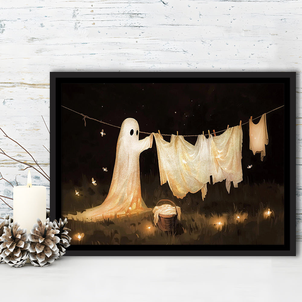 Ghost Print Ghost Hanging Laundry Moody Vintage Fun Halloween Art, Framed Canvas Print Wall Art, Floating Frame
