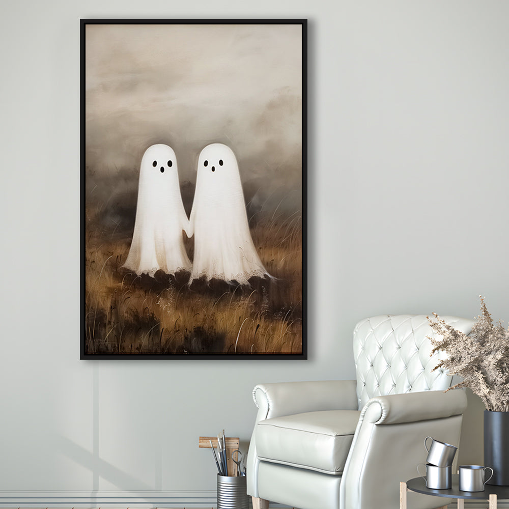 Ghosts in Field Print Halloween Decor, Ghost Painting Academia , Framed Canvas Print Wall Art, Floating Frame