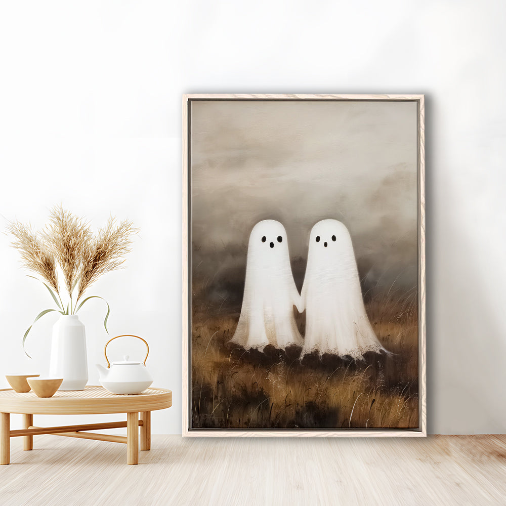 Ghosts in Field Print Halloween Decor, Ghost Painting Academia , Framed Canvas Print Wall Art, Floating Frame