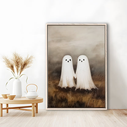 Ghosts in Field Print Halloween Decor, Ghost Painting Academia , Framed Canvas Print Wall Art, Floating Frame