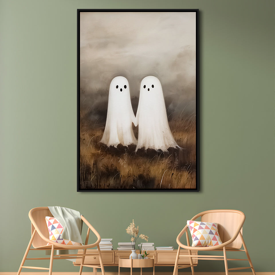 Ghosts in Field Print Halloween Decor, Ghost Painting Academia , Framed Canvas Print Wall Art, Floating Frame