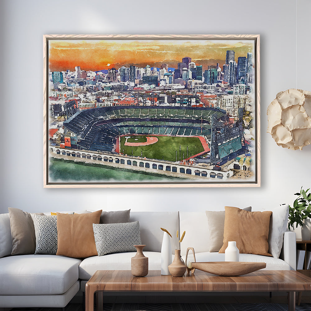 Giants Baseball Stadium, Oracle Park Watercolor, Sport Gift Art, Framed Canvas Print Wall Art