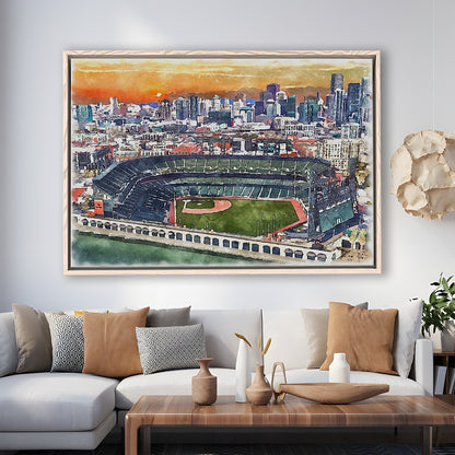Giants Baseball Stadium, Oracle Park Watercolor, Sport Gift Art, Framed Canvas Print Wall Art