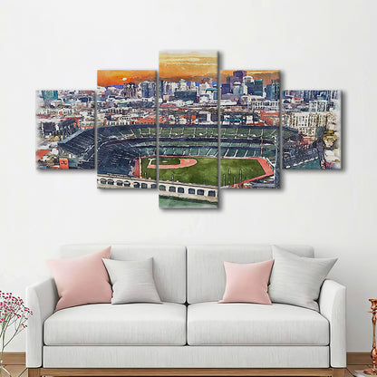 Giants Baseball Stadium, Oracle Park Watercolor, Sport Art, Mixed 5 Panel, Canvas Print Wall Art