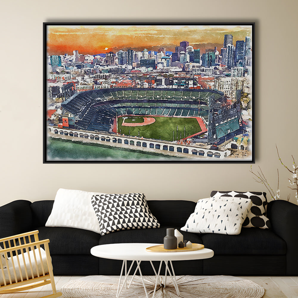 Giants Baseball Stadium, Oracle Park Watercolor, Sport Gift Art, Framed Canvas Print Wall Art