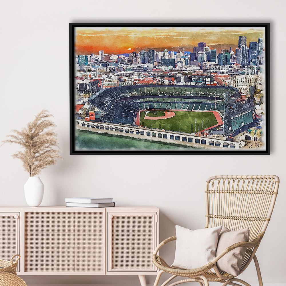 Giants Baseball Stadium, Oracle Park Watercolor, Sport Gift Art, Framed Canvas Print Wall Art