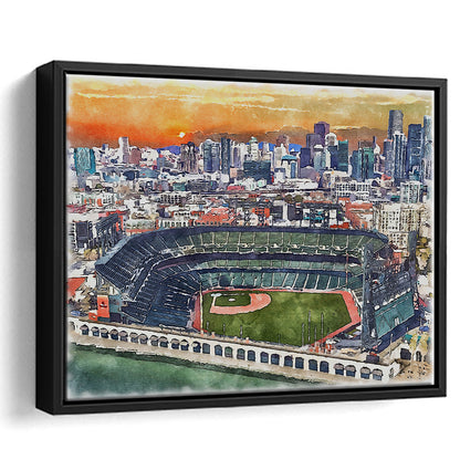 Giants Baseball Stadium, Oracle Park Watercolor, Sport Gift Art, Framed Canvas Print Wall Art