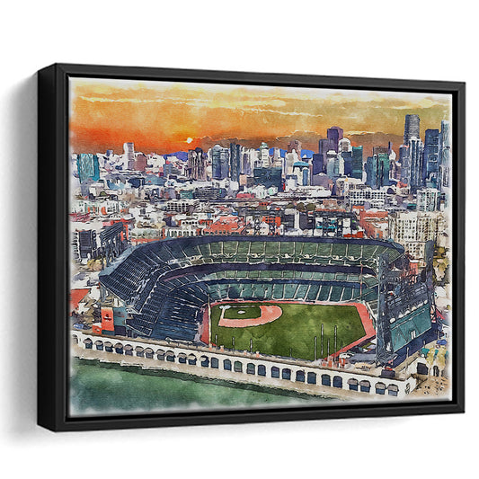 Giants Baseball Stadium, Oracle Park Watercolor, Sport Gift Art, Framed Canvas Print Wall Art