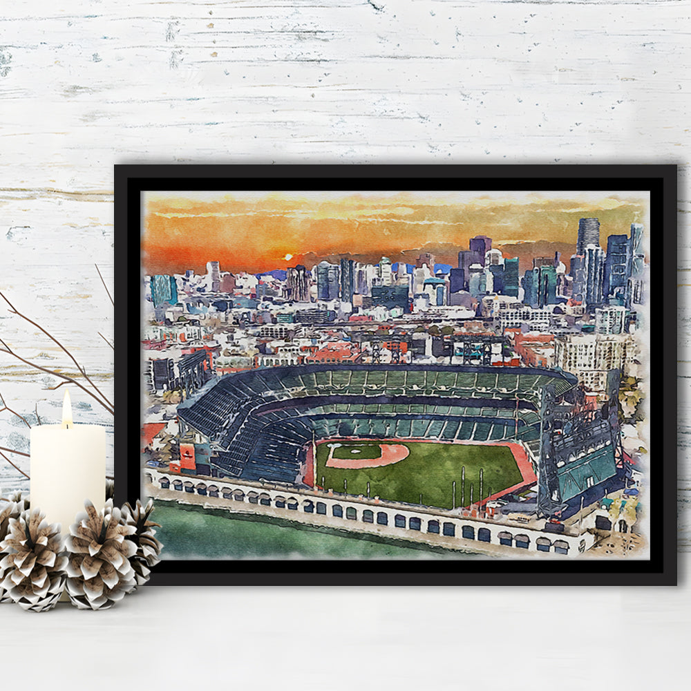 Giants Baseball Stadium, Oracle Park Watercolor, Sport Gift Art, Framed Canvas Print Wall Art