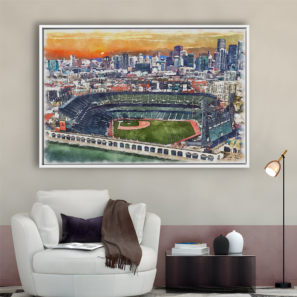 Giants Baseball Stadium, Oracle Park Watercolor, Sport Gift Art, Framed Canvas Print Wall Art