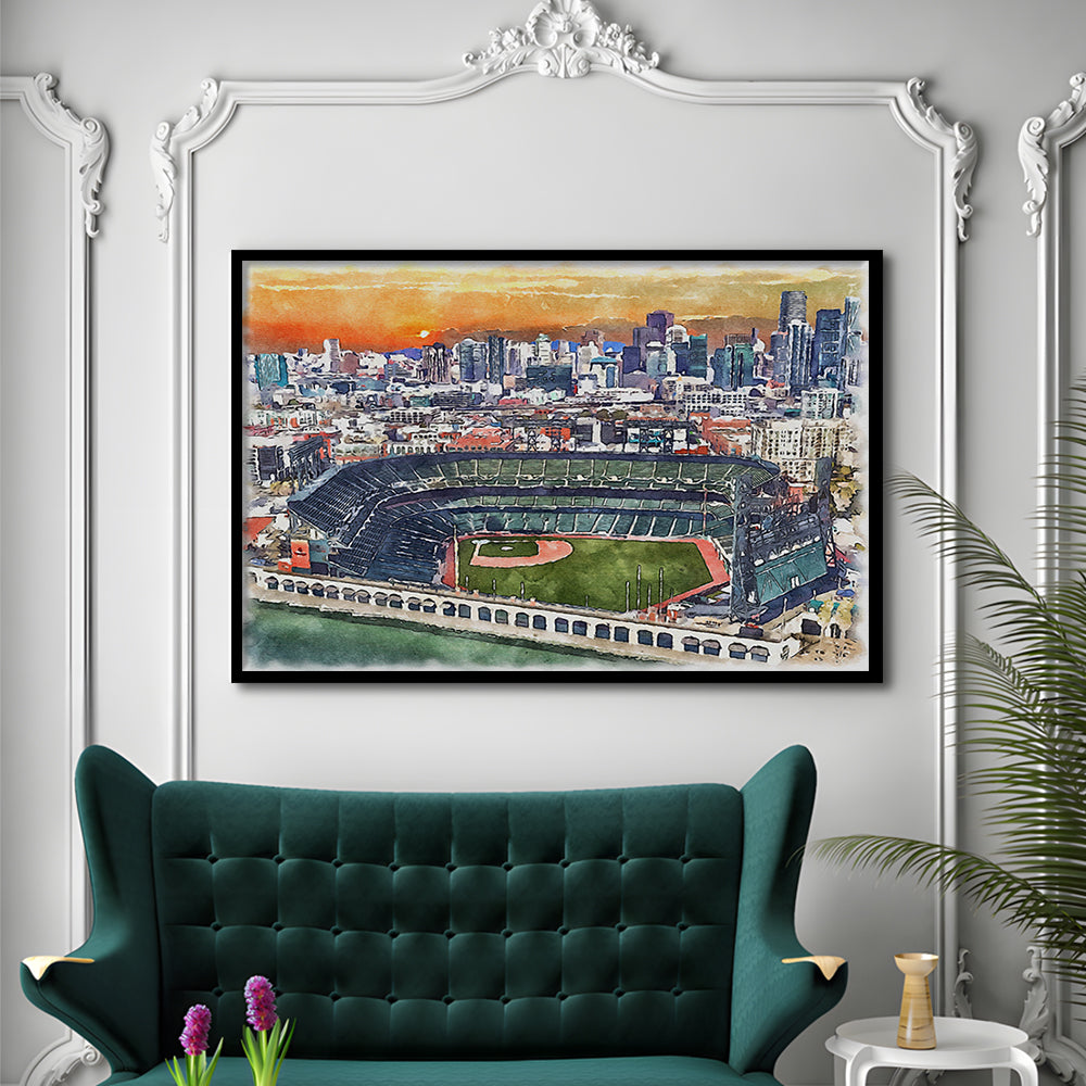 Giants Baseball Stadium, Oracle Park Watercolor, Sport Gift Art, Framed Art Print Wall Decor