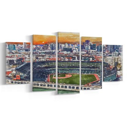 Giants Baseball Stadium, Oracle Park Watercolor, Sport Art, Mixed 5 Panel, Canvas Print Wall Art