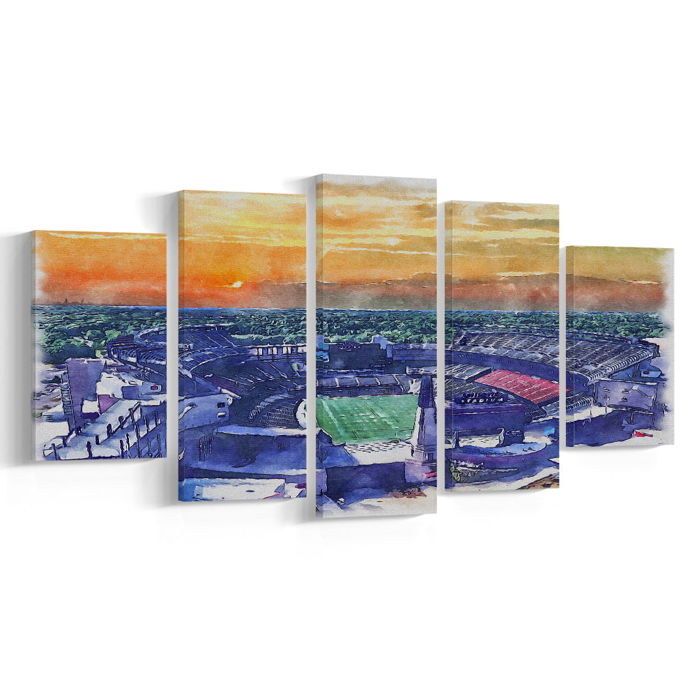 Gillette Stadium, Patriots Football Painting Stadium Watercolor, Sport Art, Mixed 5 Panel, Canvas Print Wall Art