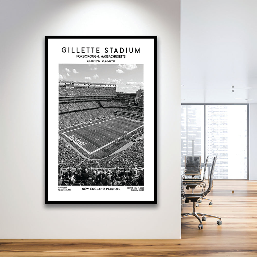 Gillette Stadium Black And White, New England Patriots Football Stadium Wall Art Print, Framed Art Prints Wall Decor