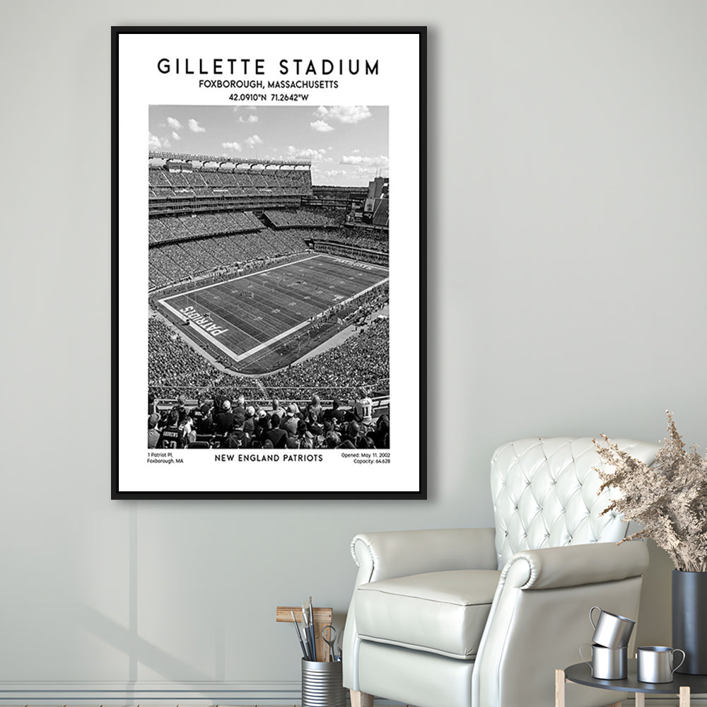 Gillette Stadium Black And White, New England Patriots Football Stadium Wall Art Print, Framed Canvas Prints Wall Art
