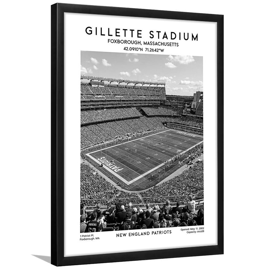 Gillette Stadium Black And White, New England Patriots Football Stadium Wall Art Print, Framed Art Prints Wall Decor