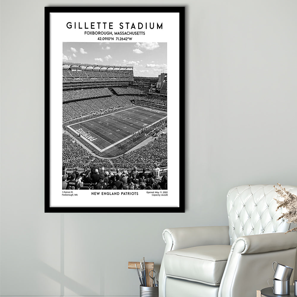 Gillette Stadium Black And White, New England Patriots Football Stadium Wall Art Print, Framed Art Prints Wall Decor