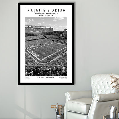 Gillette Stadium Black And White, New England Patriots Football Stadium Wall Art Print, Framed Art Prints Wall Decor